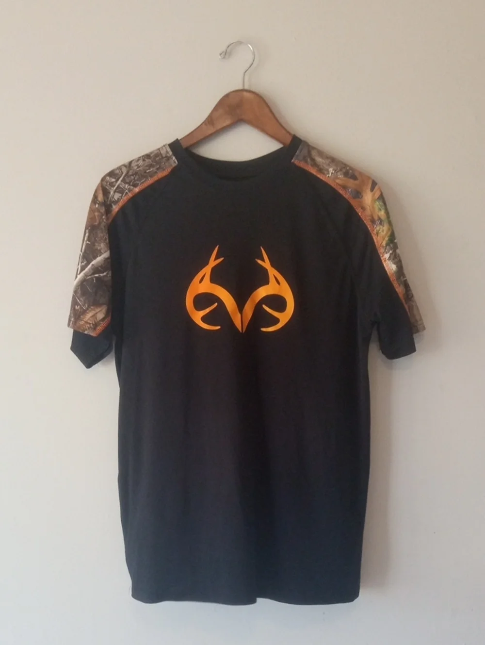 REALTREE Black Short-Sleeve Shirt with Orange Deer Logo and Camo Shoulders - Picture 2 of 7